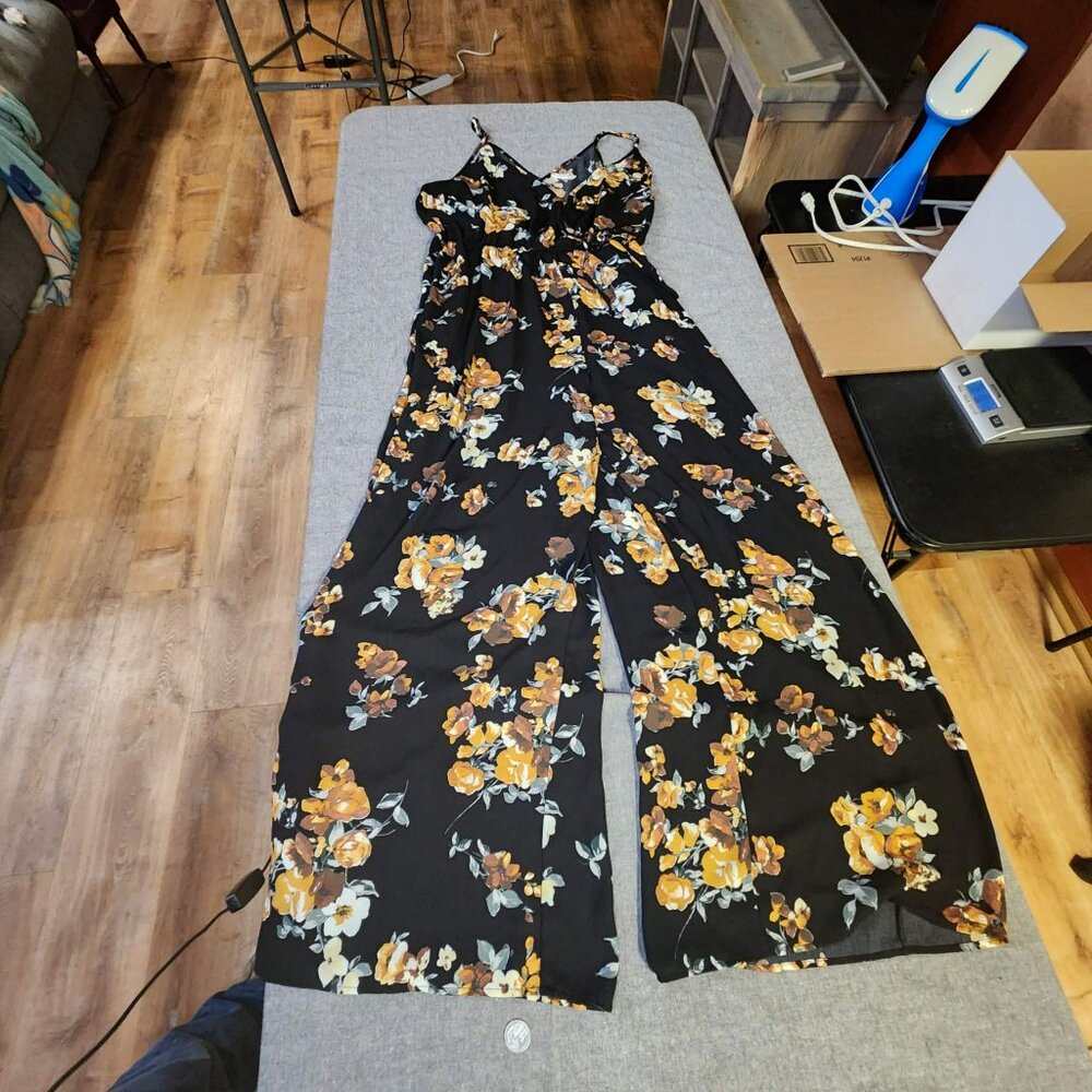 Floral Wide-Leg Jumpsuit in Black and Mustard
